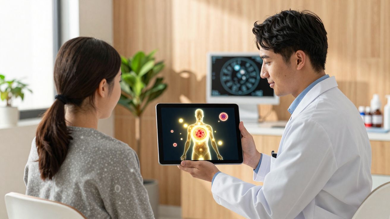 Médico mostra imagem digital do corpo humano com células ao paciente em consultório moderno.