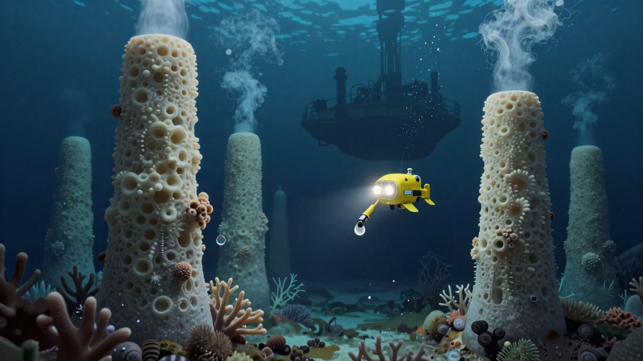 Veículo subaquático amarelo explorando corais tubulares e fundo marinho com plataforma no fundo e bolhas.