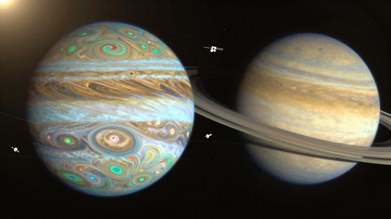 Planetas Júpiter e Saturno lado a lado com anéis e pequenas luas ao redor no espaço escuro.