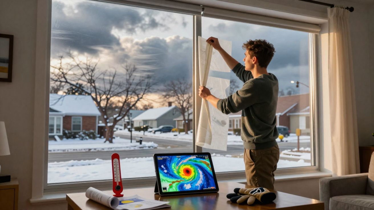 Homem abre cortina para observar tempestade fria do lado de fora, enquanto verifica mapa do furacão em tablet.
