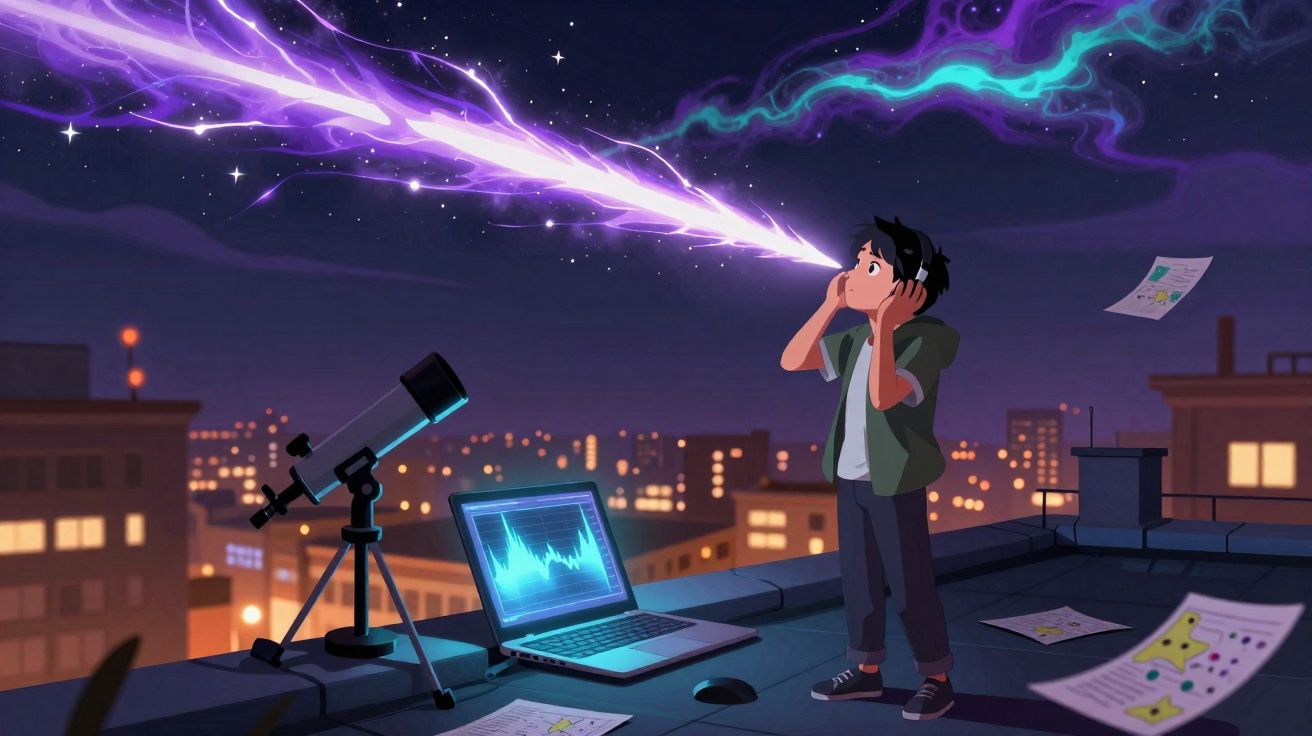 Jovem observa céu noturno com feixes de luz saindo de seus olhos na cobertura de prédio urbano.