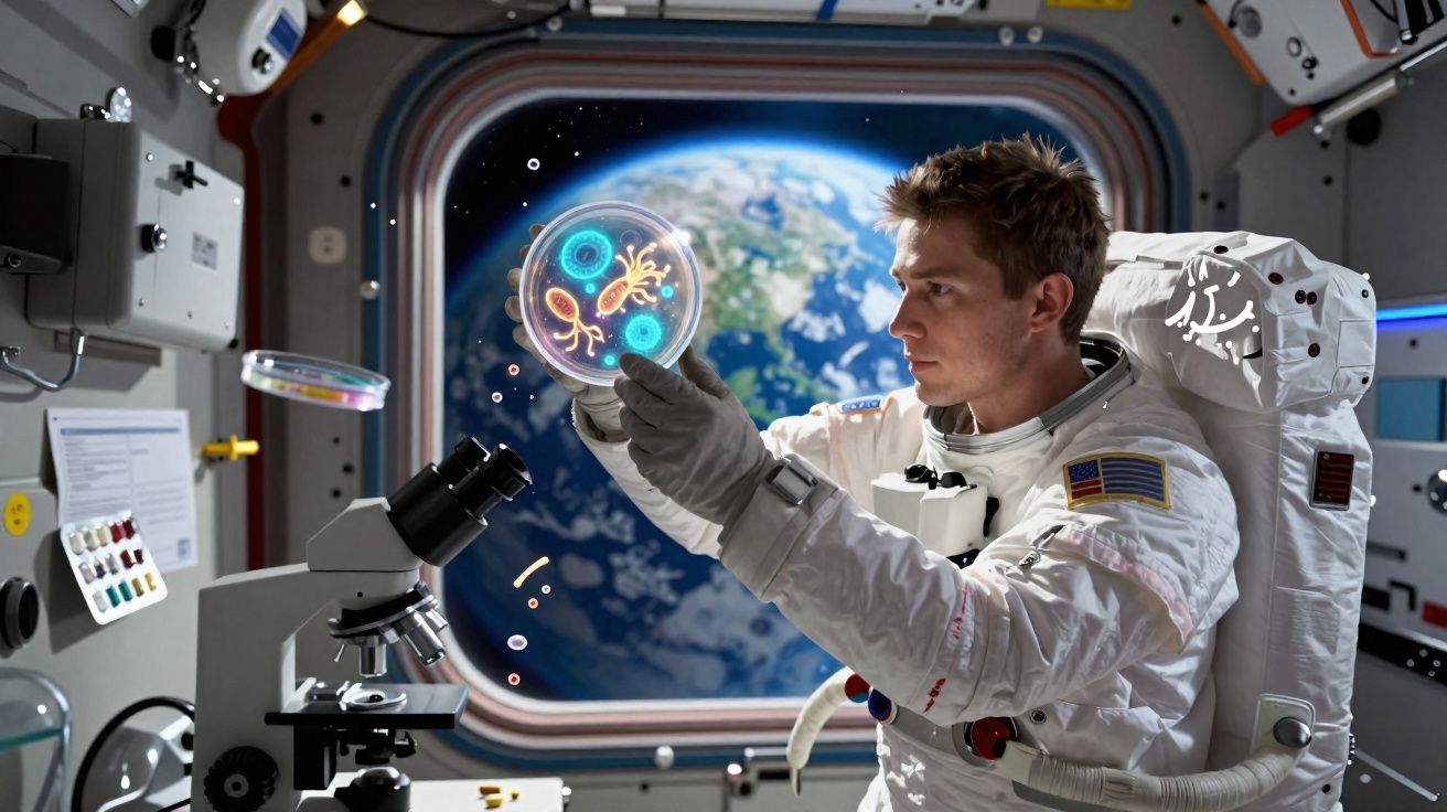 Astronauta analisando cultura de microrganismos em placa de Petri na estação espacial com a Terra ao fundo.