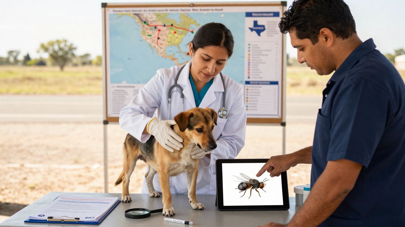Veterinária examina cachorro enquanto homem aponta imagem de inseto em tablet durante consulta ao ar livre.