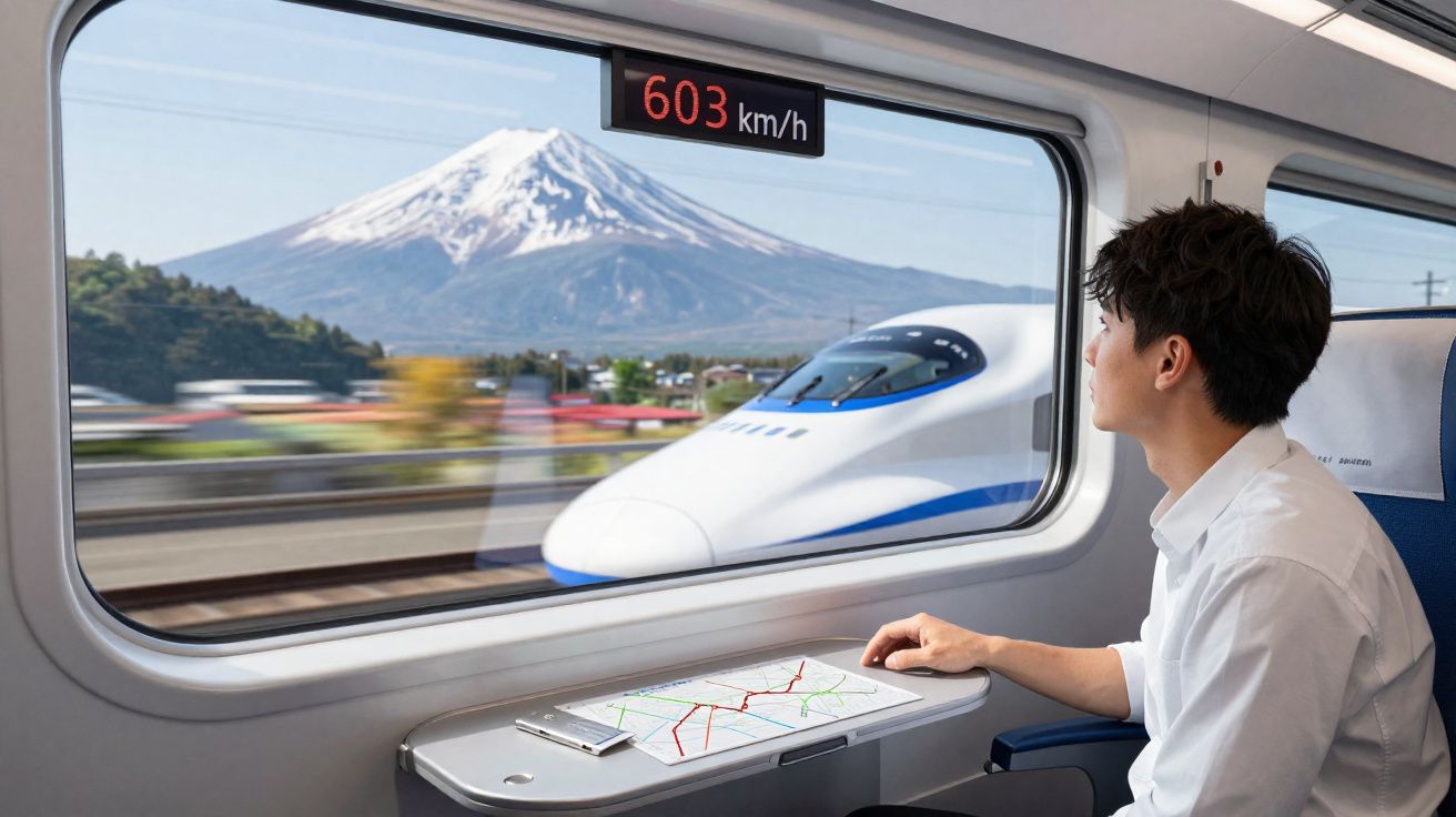 Homem observando trem-bala passar rapidamente com Montanha Fuji ao fundo, velocidade exibida 603 km/h.