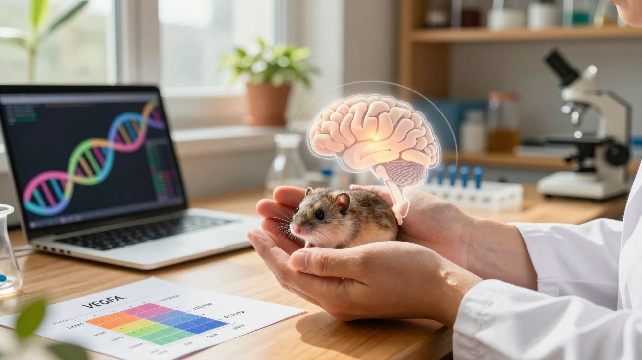 Mãos segurando camundongo com ilustração de cérebro, laptop, gráfico e microscópio ao fundo.