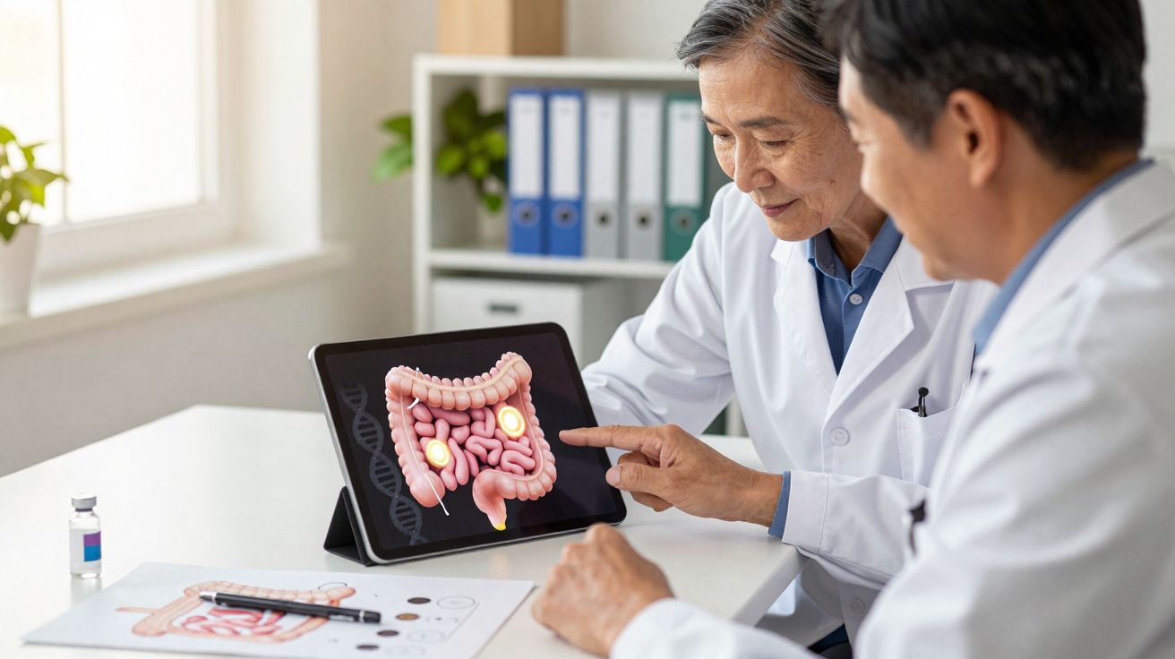 Dois médicos analisam imagem digital do sistema digestivo destacando pontos específicos no intestino.