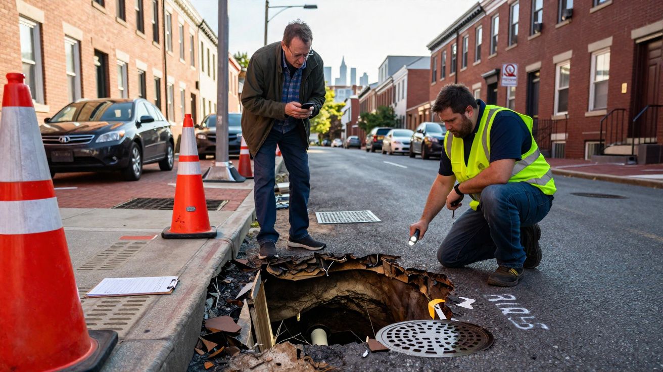 Dois homens inspecionam um enorme buraco aberto no asfalto de uma rua urbana, com cones de sinalização ao redor.