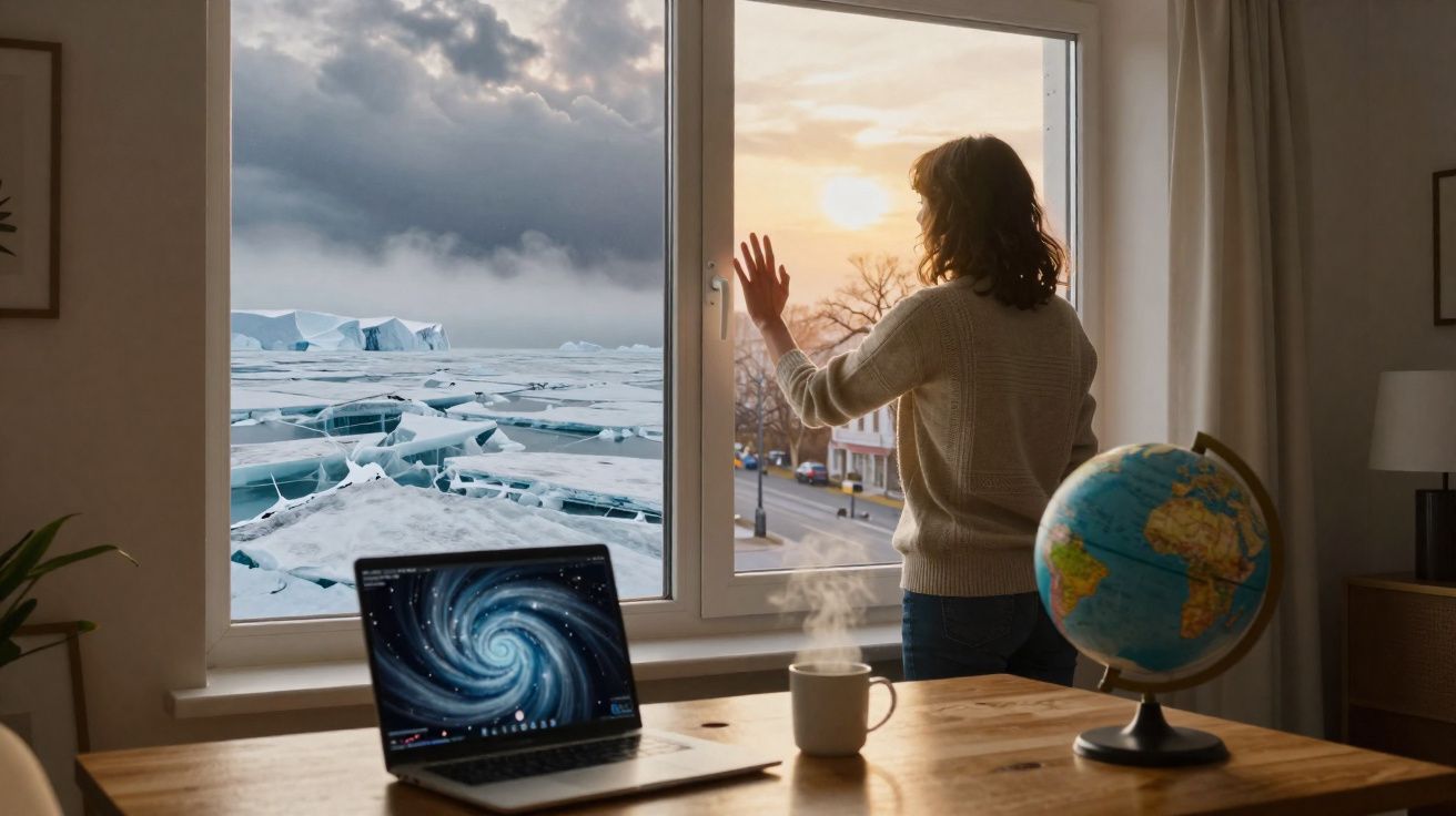 Mulher olhando pela janela, com mesa de trabalho, notebook, xícara e globo terrestre ao fundo.