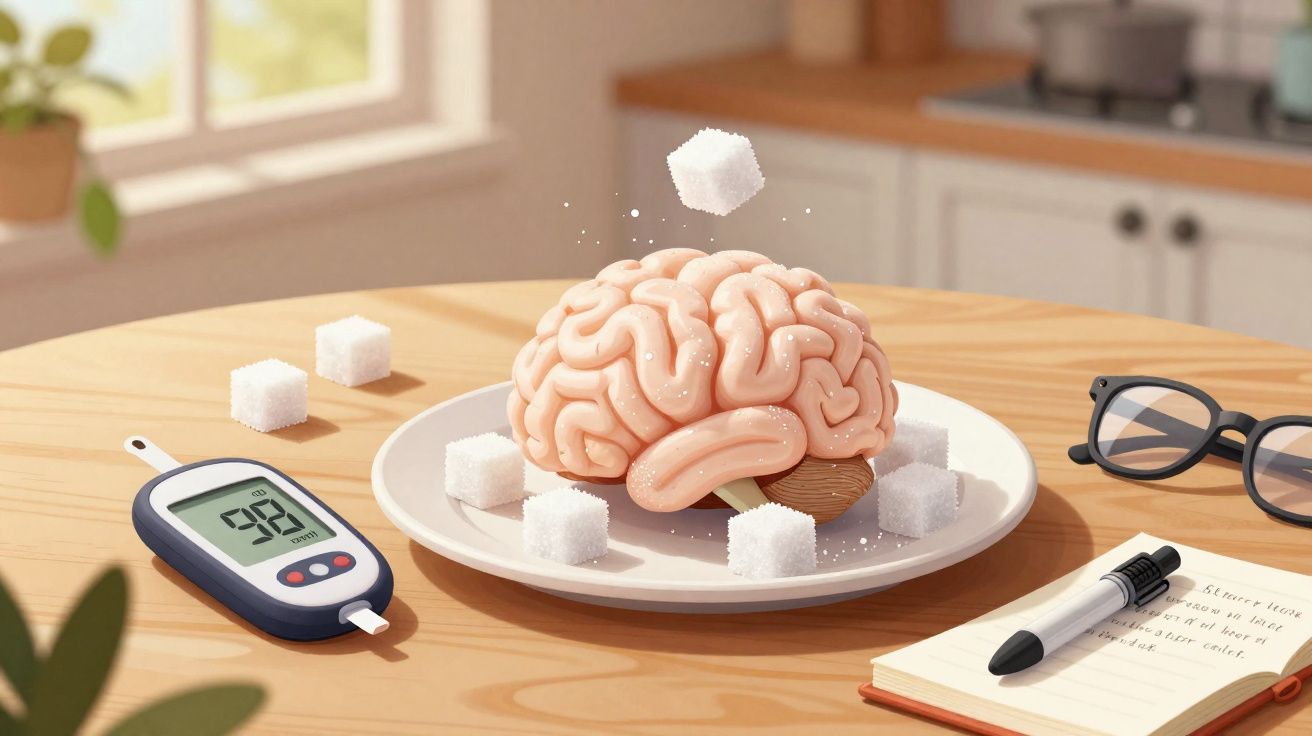 Ilustração de cérebro em um prato com cubos de açúcar ao redor e um medidor de glicose sobre a mesa.