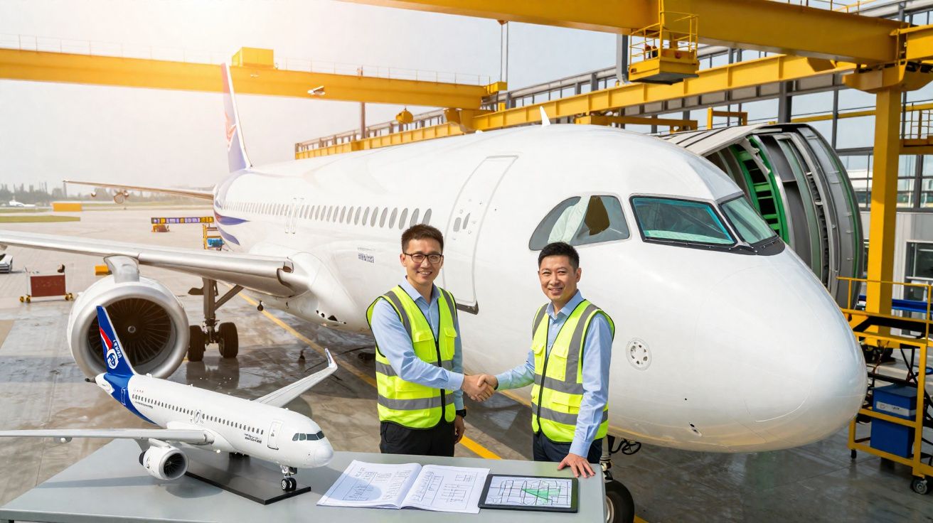 Dois homens com coletes refletivos apertam as mãos em frente a um avião branco no hangar.
