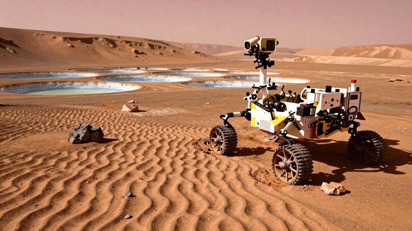 Rover exploratório em solo árido com crateras cheias de água ao fundo, cenário marciano.