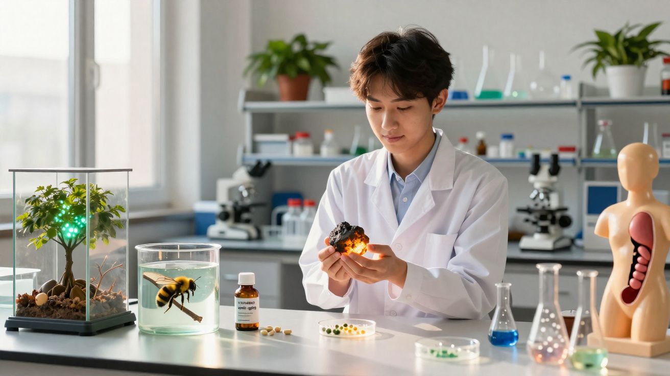 Jovem cientista em laboratório segurando uma amostra brilhante com plantas e modelos científicos ao redor.