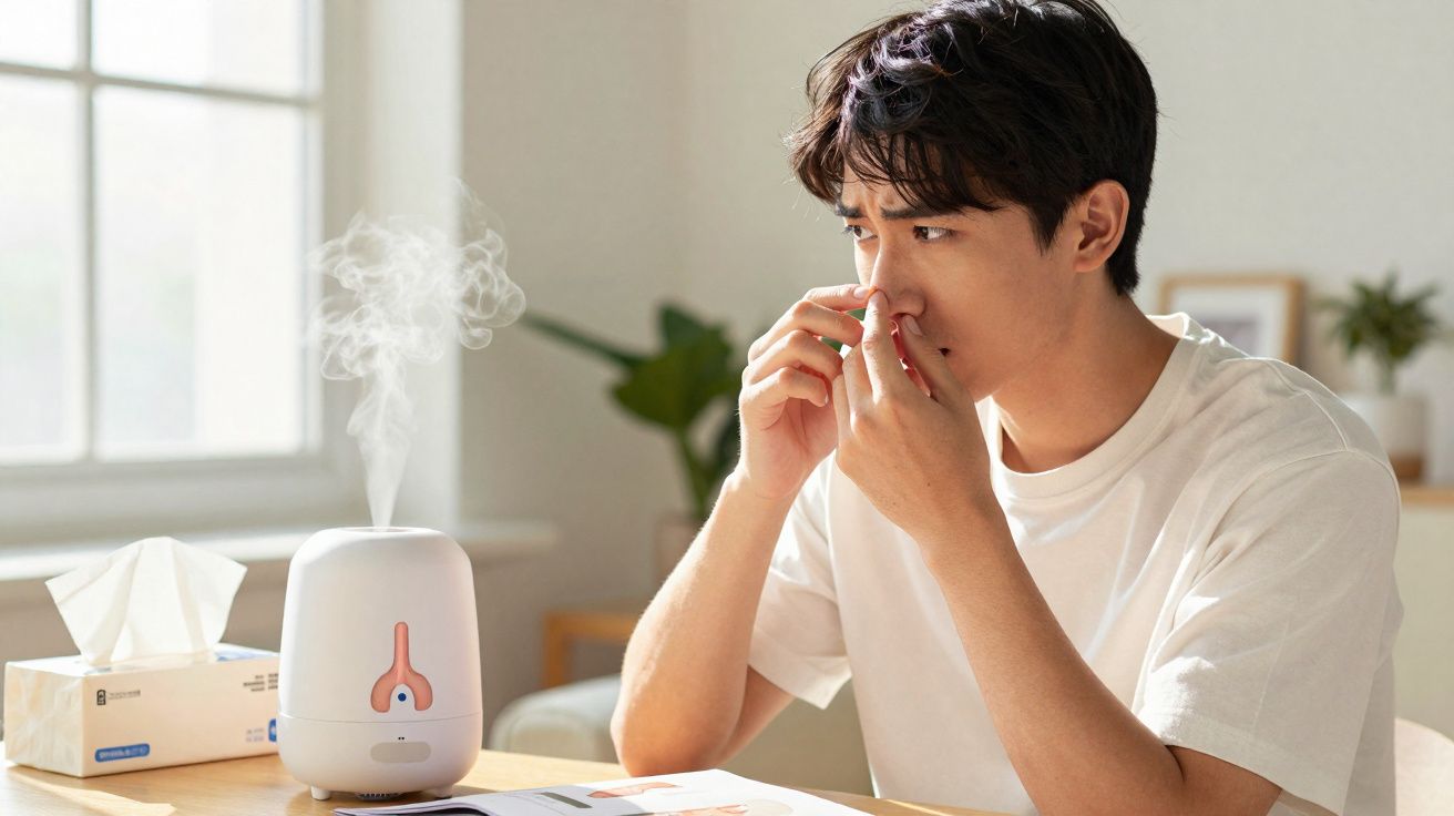 Homem usando um umidificador de ar em forma de nariz, sentado em uma mesa com lenços ao lado.