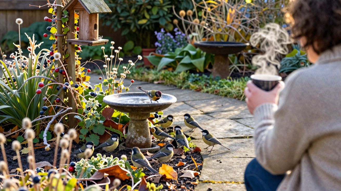Pessoa observa pássaros bebendo em fonte de jardim decorado com plantas e casinha para aves.