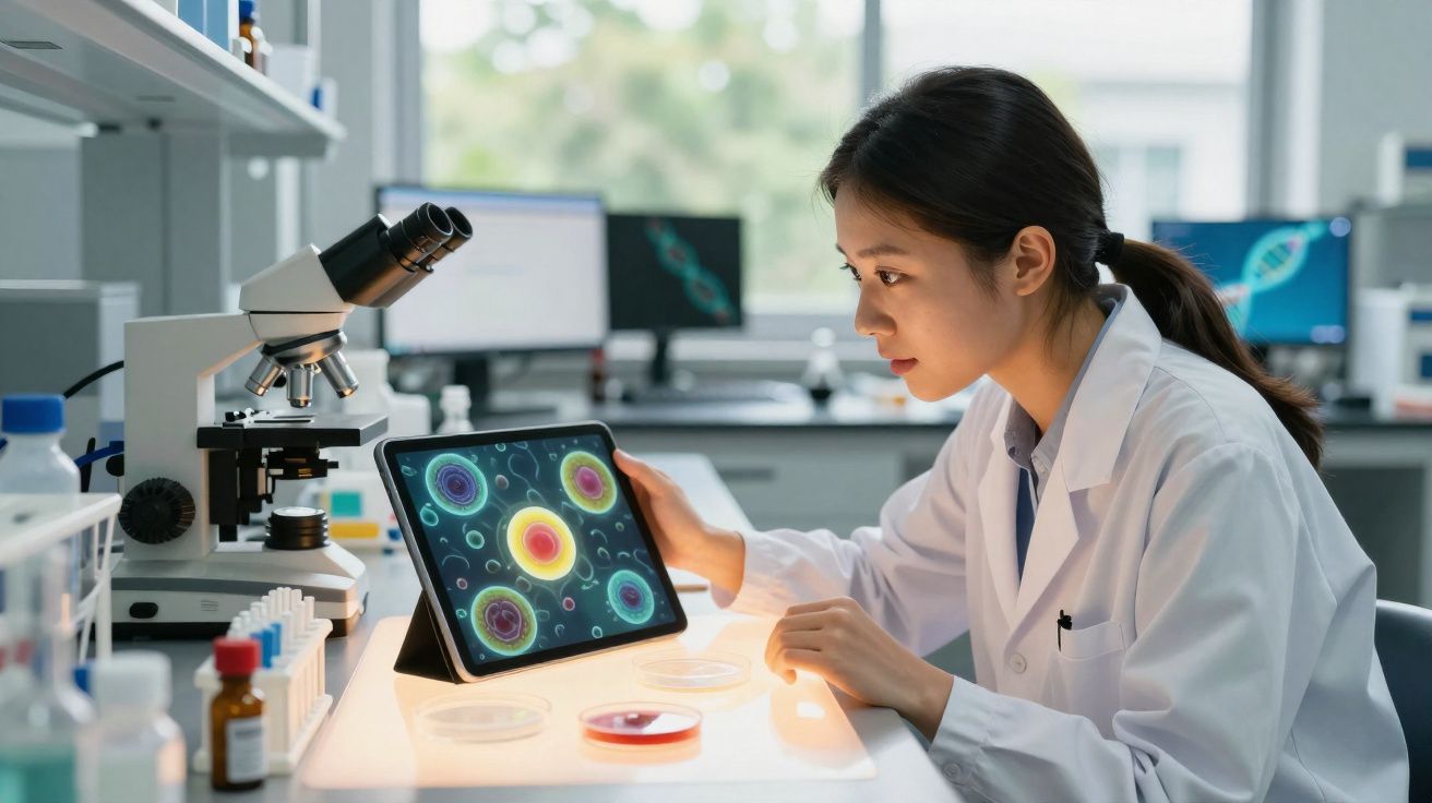 Pesquisadora com jaleco analisando células coloridas em tablet dentro de laboratório científico moderno.