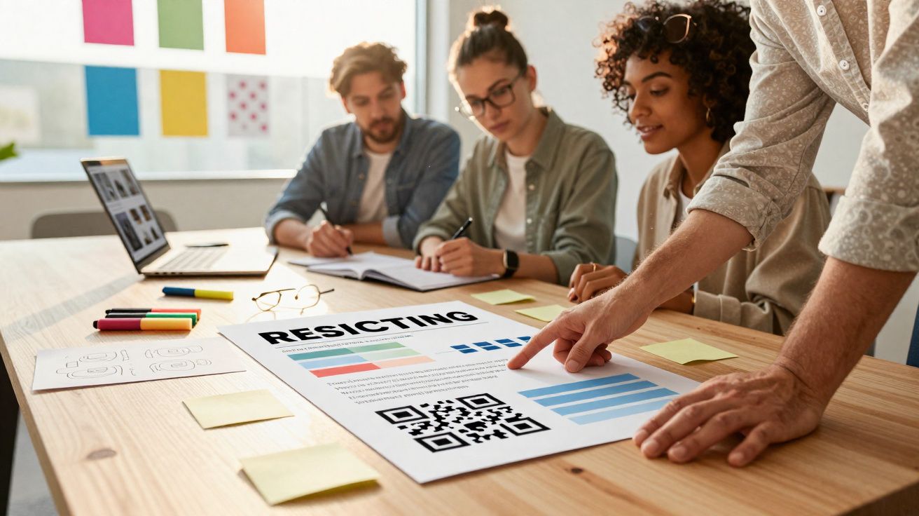 Grupo de jovens analisando gráficos e QR code em mesa de reunião com laptop e anotações.