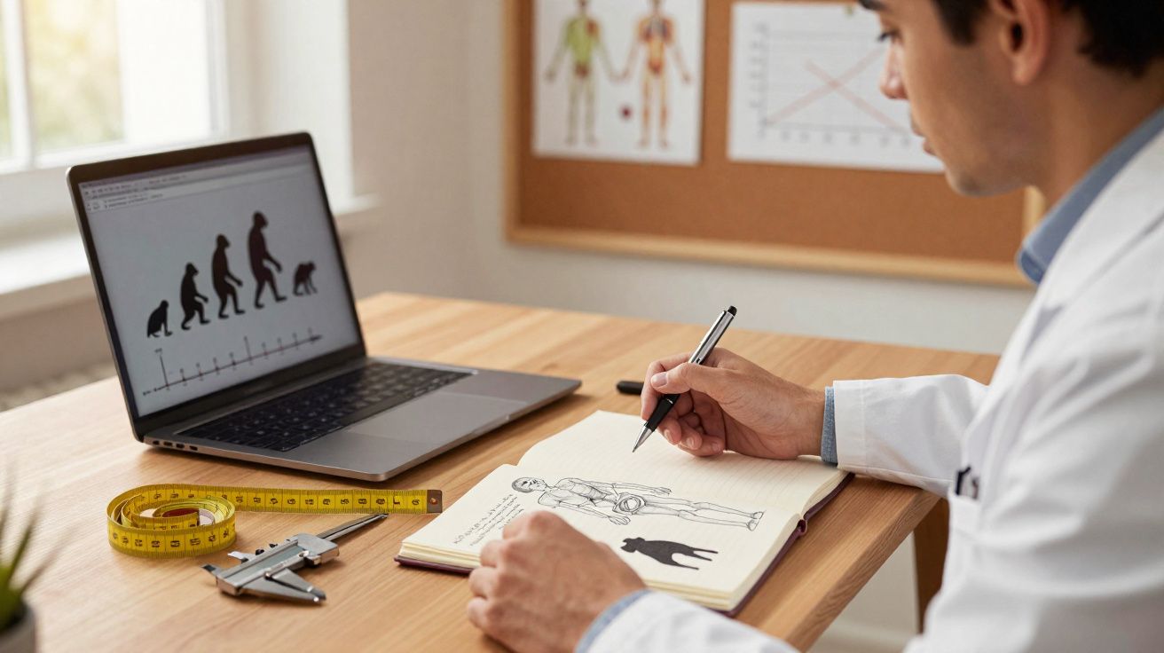 Homem desenhando figura humana em caderno com laptop mostrando evolução humana na mesa.
