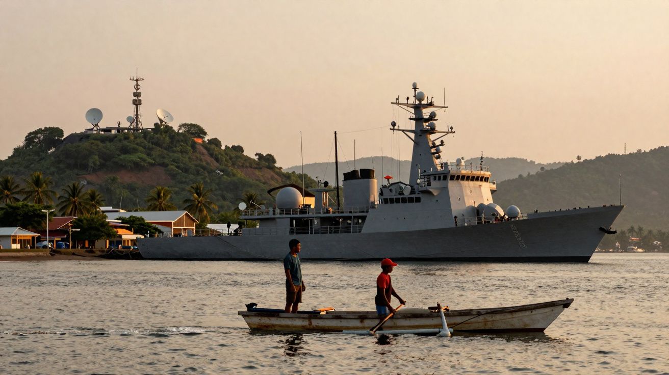 Dois homens em canoa no mar com navio de guerra grande e colina com antenas ao fundo ao entardecer.