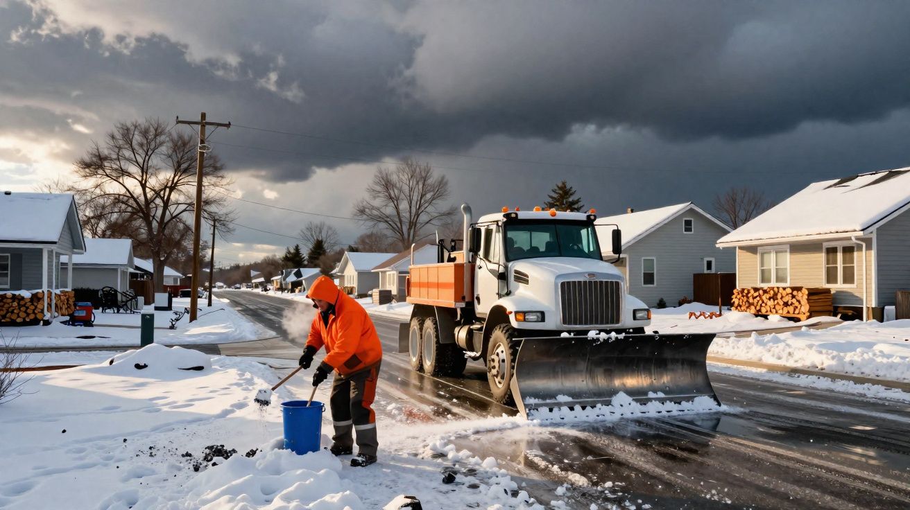 Homem com jaqueta laranja limpa neve ao lado de caminhão com lâmina em bairro coberto de neve.