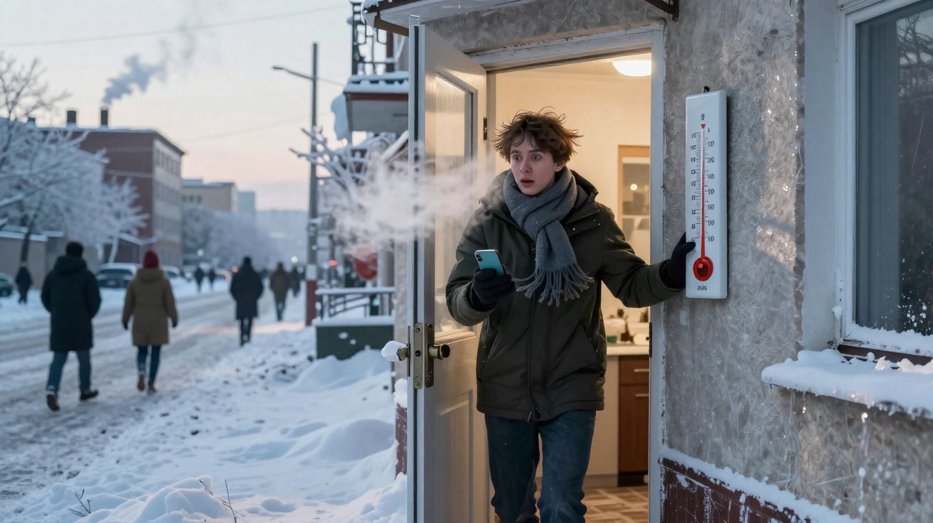 Jovem sai de casa no inverno frio segurando termômetro que indica temperatura negativa.