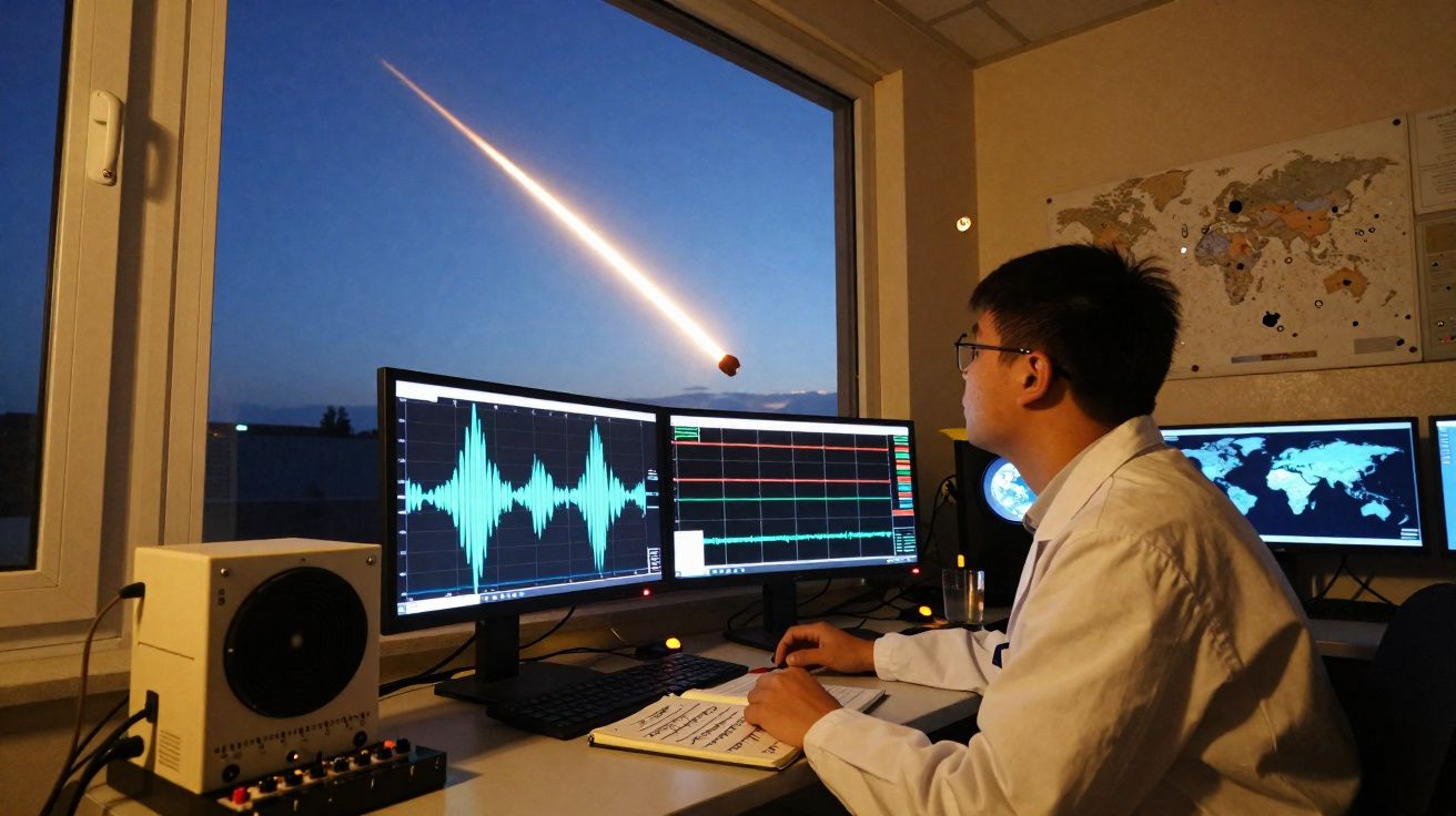 Homem em laboratório observa monitoramento de dados científicos enquanto meteorito entra na atmosfera à noite.