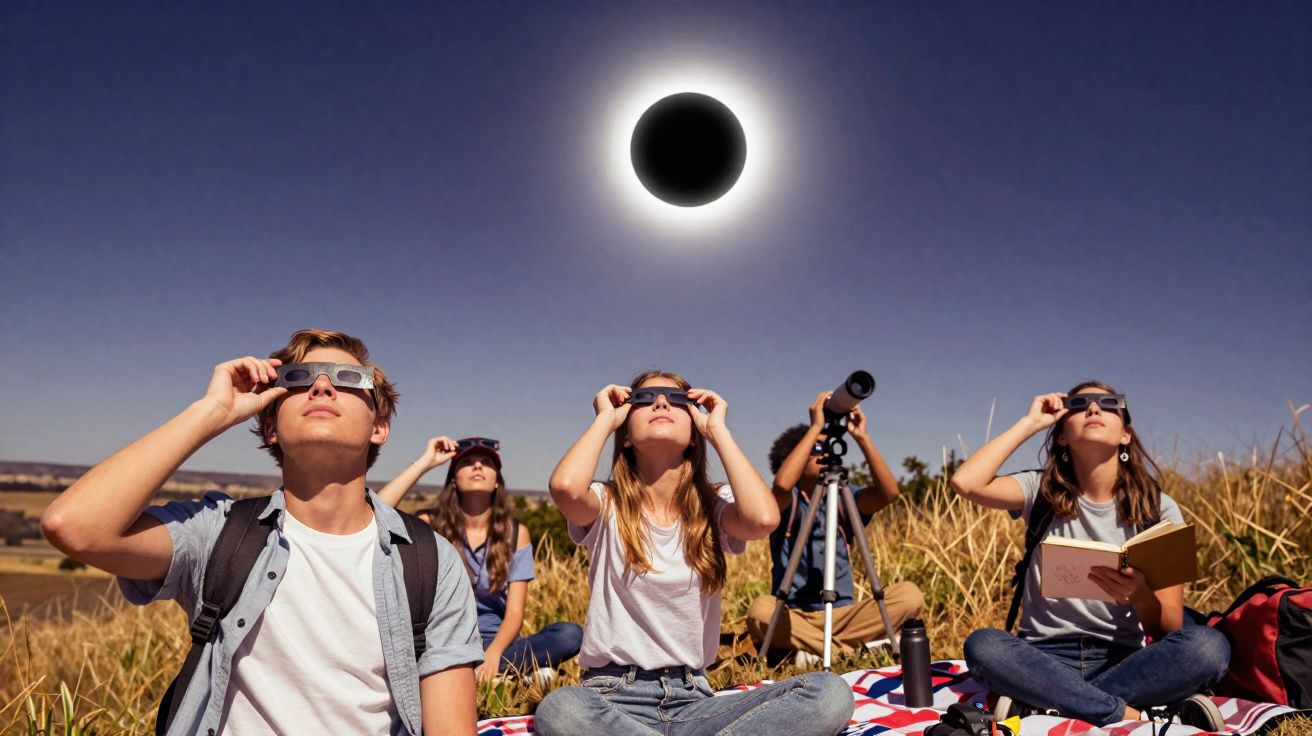 Grupo de jovens usando óculos especiais para observar eclipse solar total ao ar livre em campo.