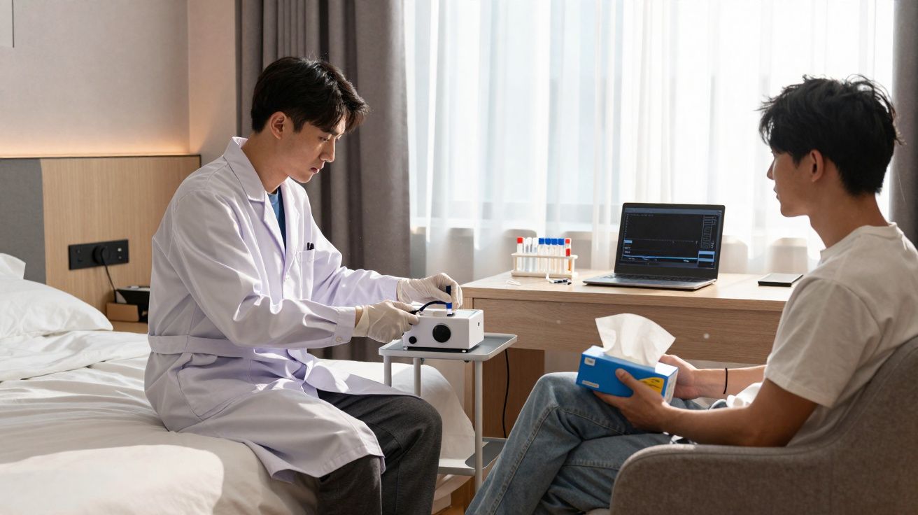 Médico ajusta equipamento médico enquanto paciente segura caixa de lenços sentado em cadeira.