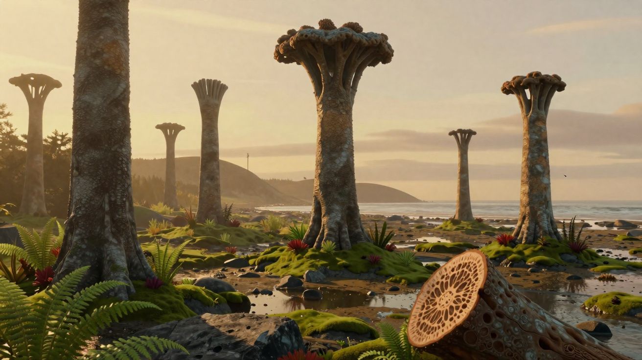 Plantas pré-históricas em paisagem costeira ao pôr do sol com vegetação rasteira e pequenas poças d'água.