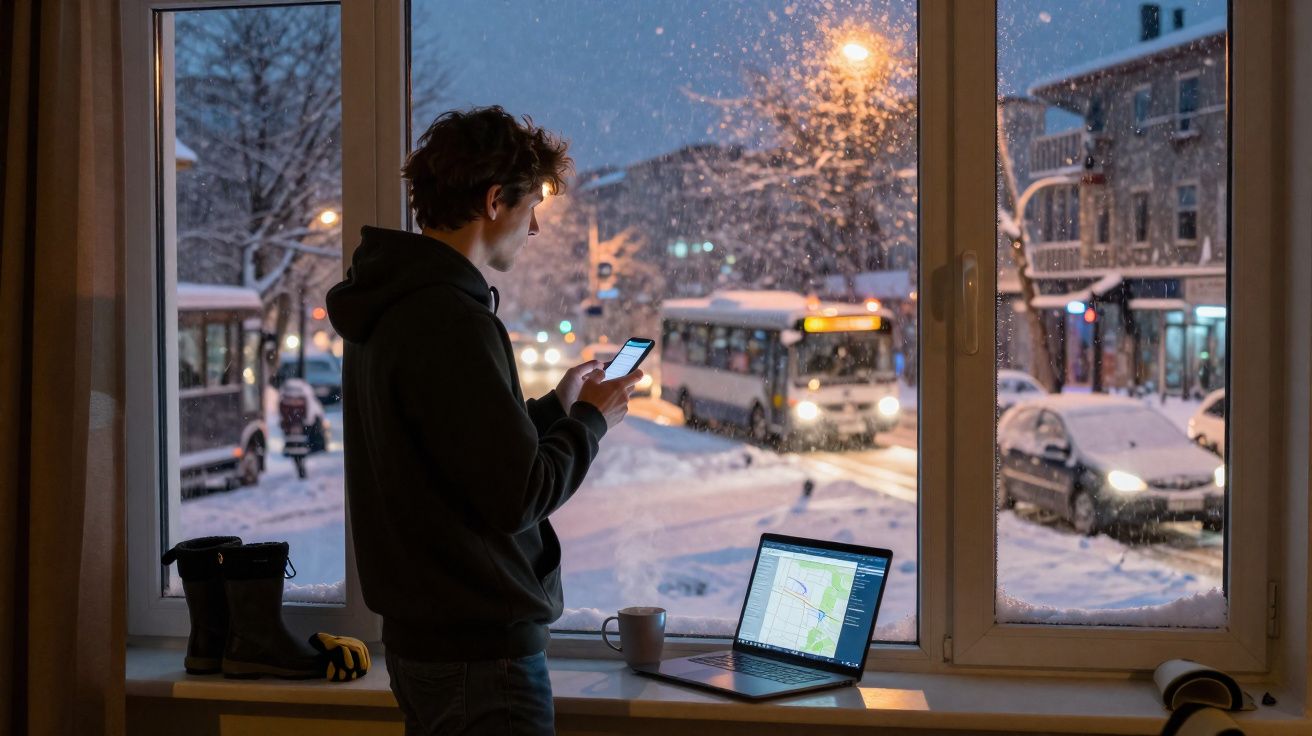 Pessoa olhando o celular perto da janela com neve lá fora, laptop aberto com mapa na tela e rua movimentada.