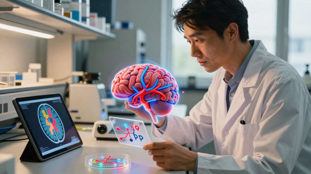 Cientista em laboratório analisando modelo holográfico 3D do cérebro humano e dados científicos digitais.
