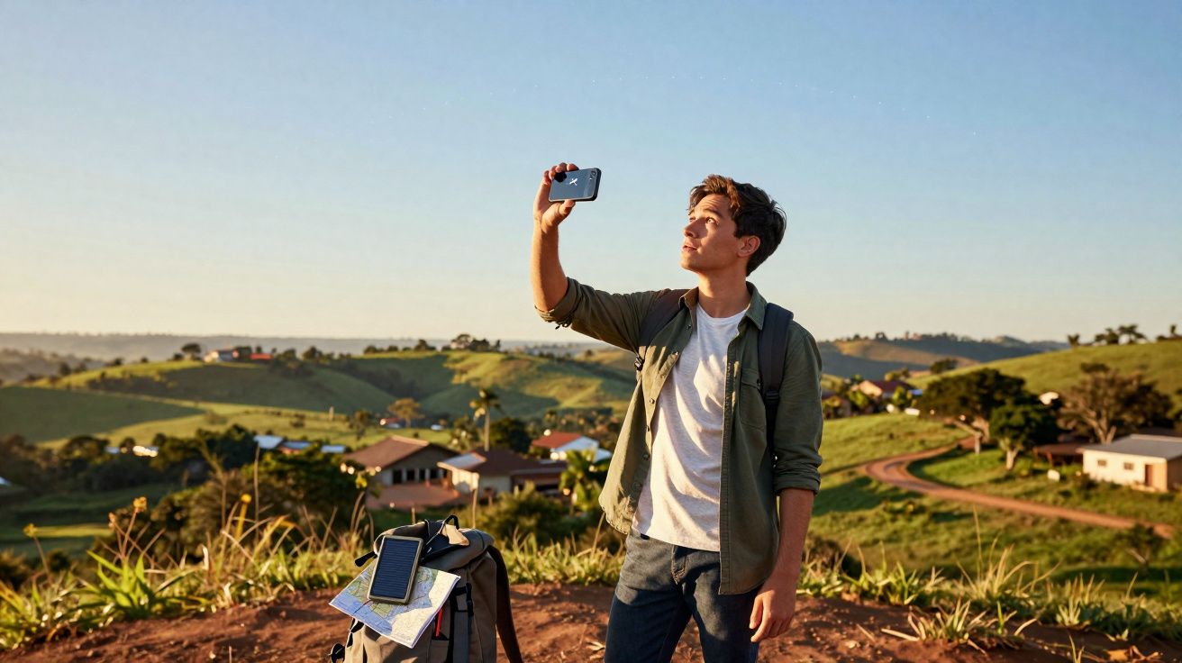 Homem jovem ao ar livre tirando foto com celular em área rural com colinas e casas ao fundo.