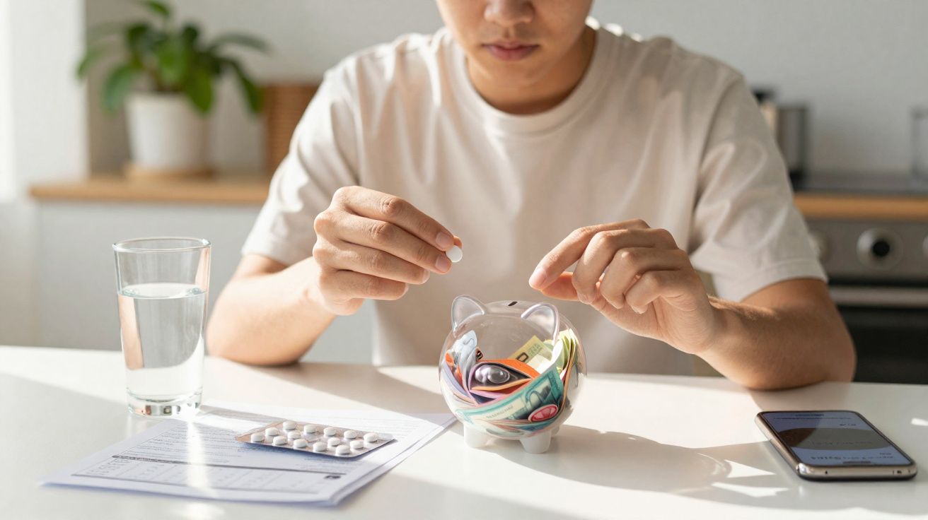 Pessoa colocando comprimido em cofrinho transparente com dinheiro, ao lado, remédios, celular e copo d'água.