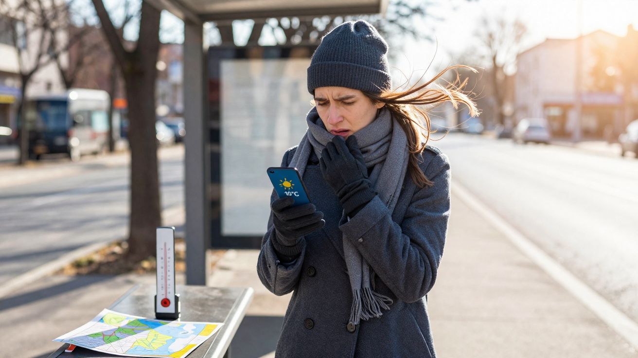 Mulher vestindo roupas de inverno olha o celular em ponto de ônibus com termômetro mostrando frio.