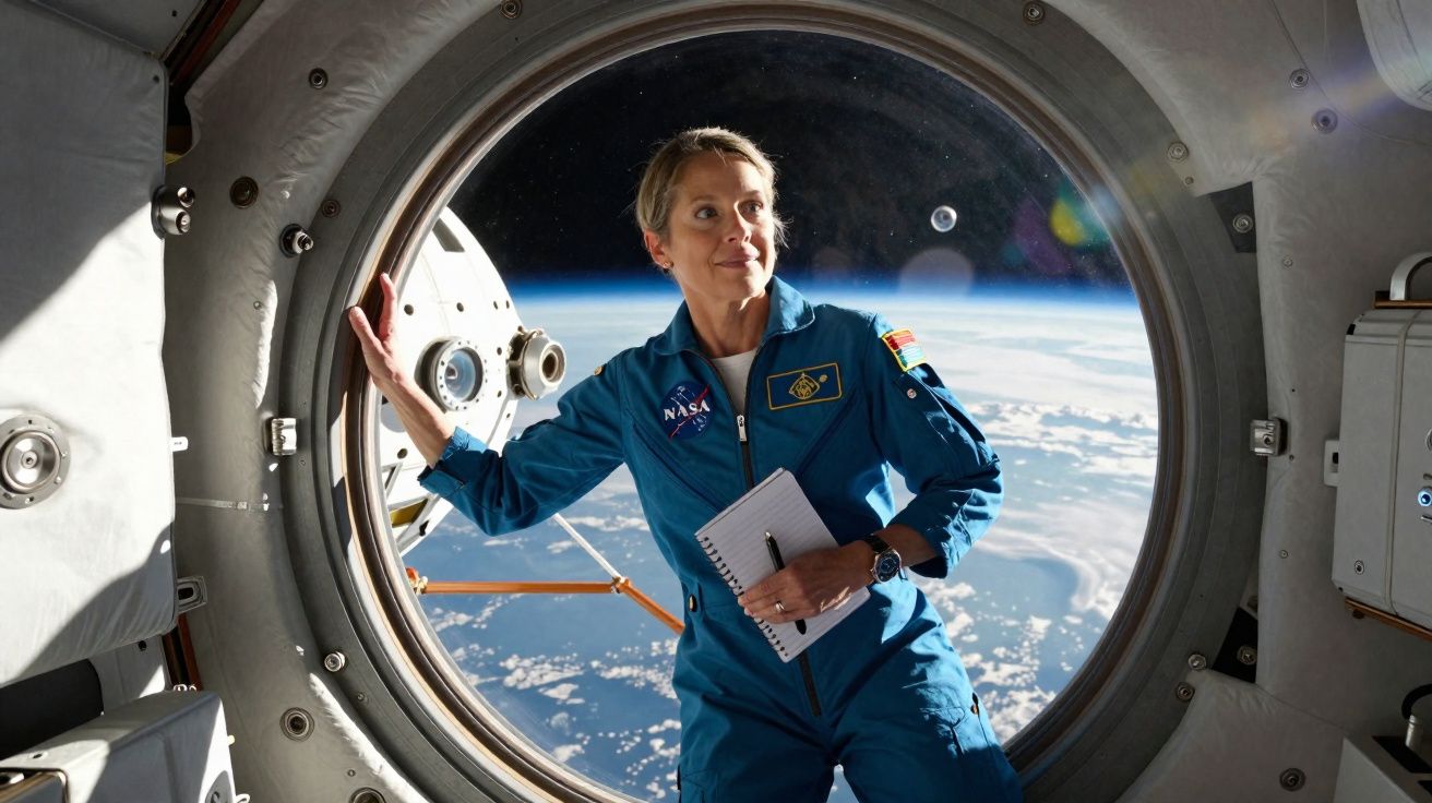Astronauta mulher em traje azul na janela da Estação Espacial com vista da Terra ao fundo.