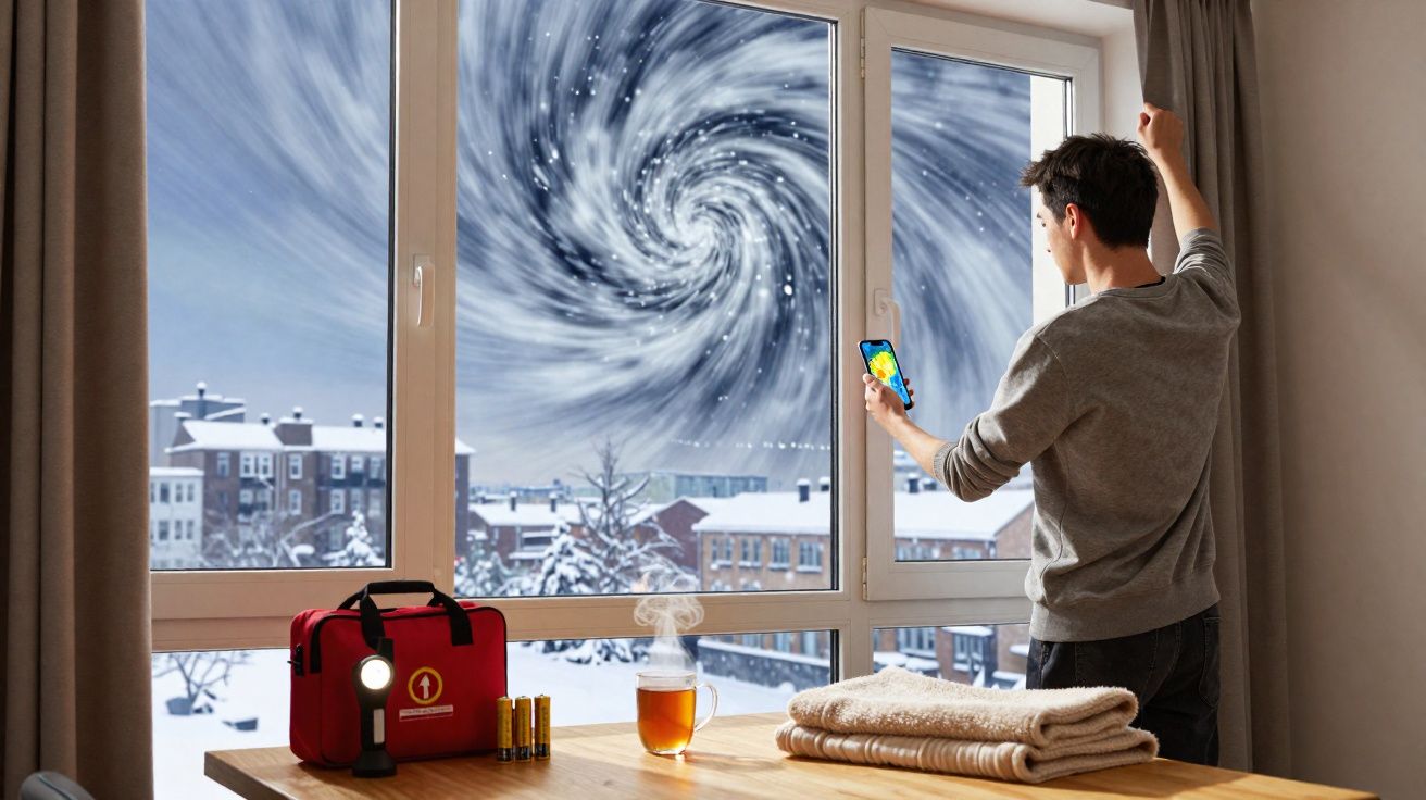 Homem observa redemoinho no céu de inverno pela janela, com mesa contendo kit de emergência e chá à frente.
