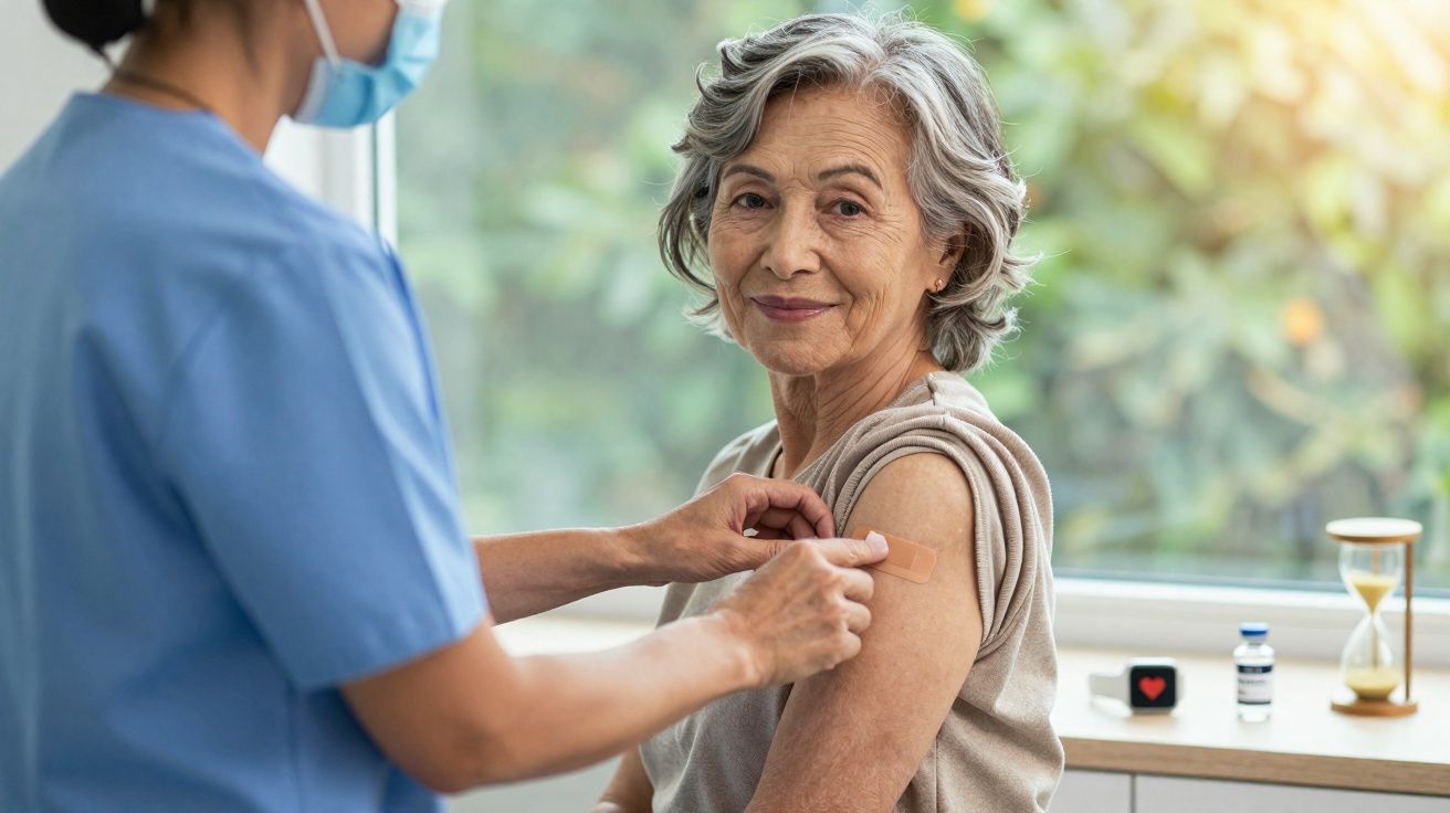Enfermeira aplicando curativo após vacinação em braço de idosa sorridente em ambiente iluminado.
