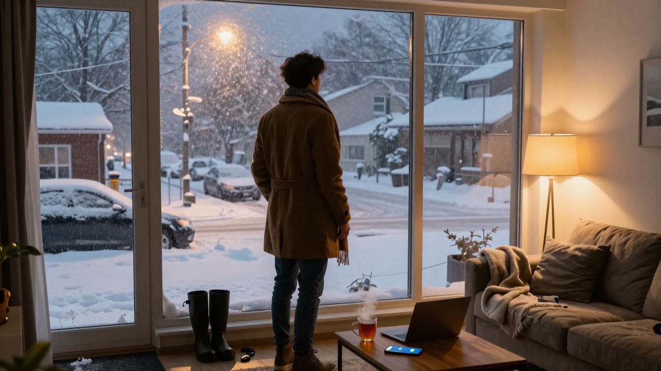 Pessoa de casaco olhando pela janela para a rua coberta de neve num ambiente aconchegante dentro de casa.