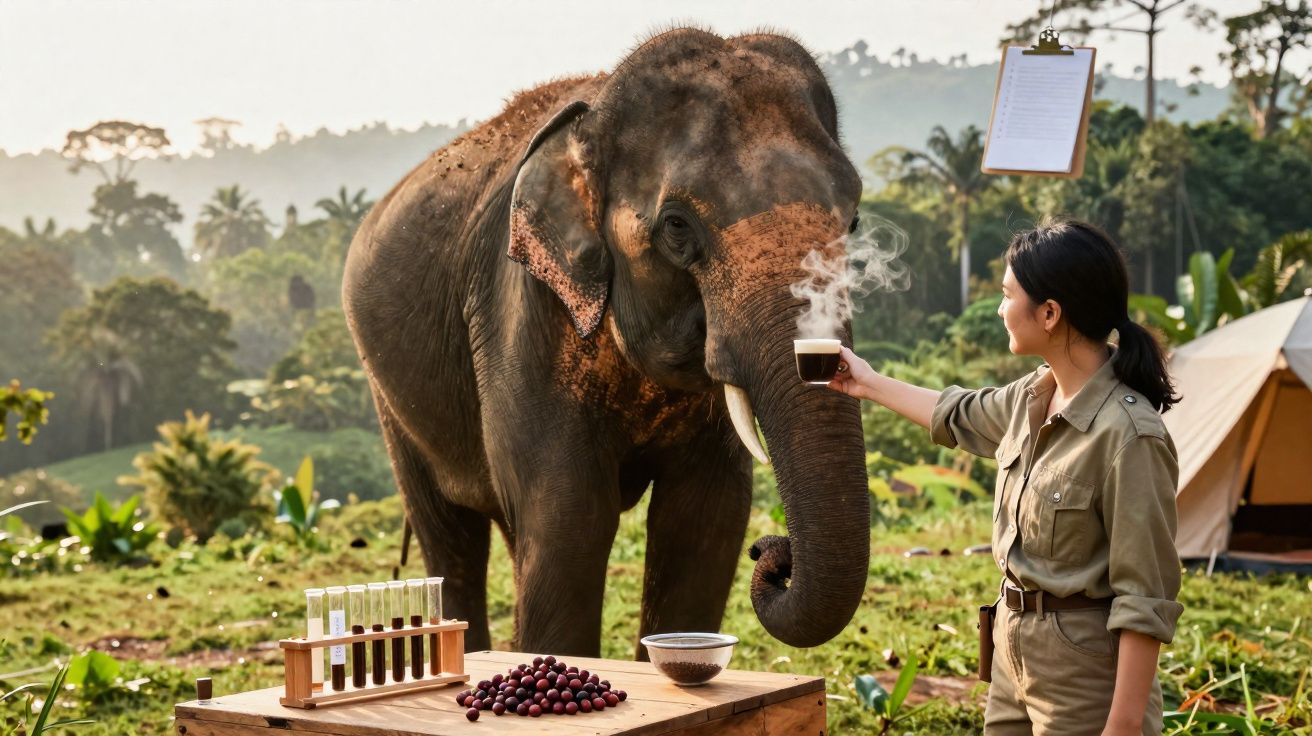 Elefante recebe xícara de café quente das mãos de mulher em ambiente ao ar livre com mesa e amostras.