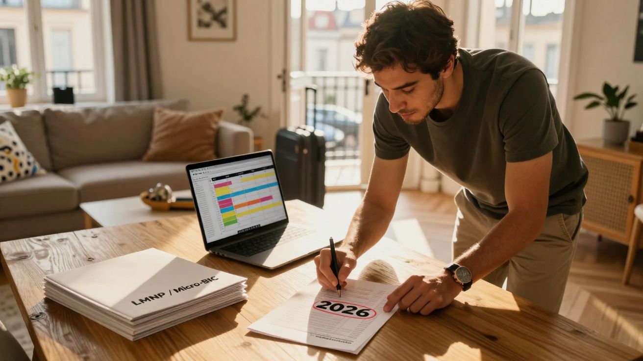 Homem escrevendo planejar 2026 em mesa ao lado de laptop e pilha de documentos em sala iluminada.