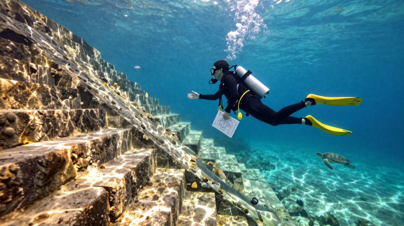 Mergulhador com roupa de neoprene e nadadeiras amarelas examinando escadaria submersa com tartaruga ao fundo.