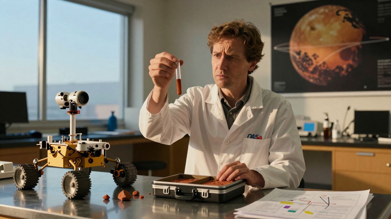 Cientista em laboratório analisa amostra marrom ao lado de robô explorador e pasta com terra simulada Marte.
