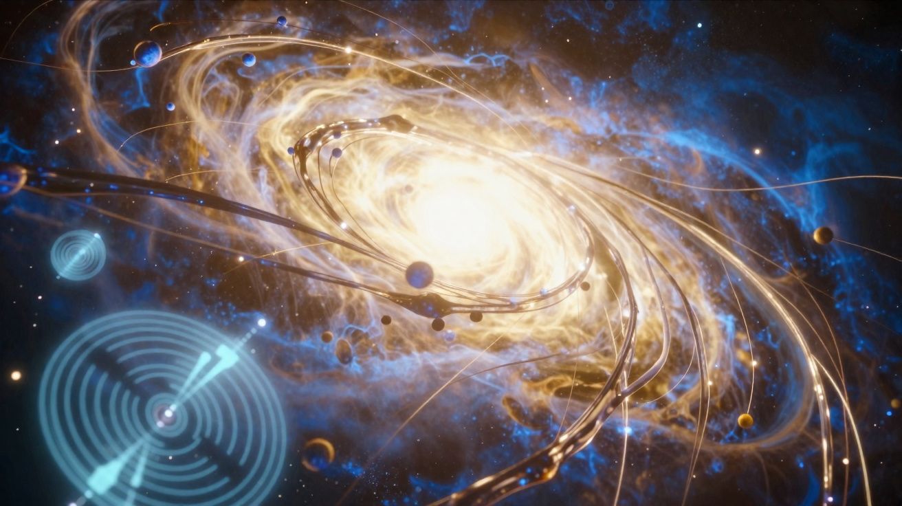 Galáxia brilhante no espaço com planetas orbitando e sinais de radar azuis sobrepostos.