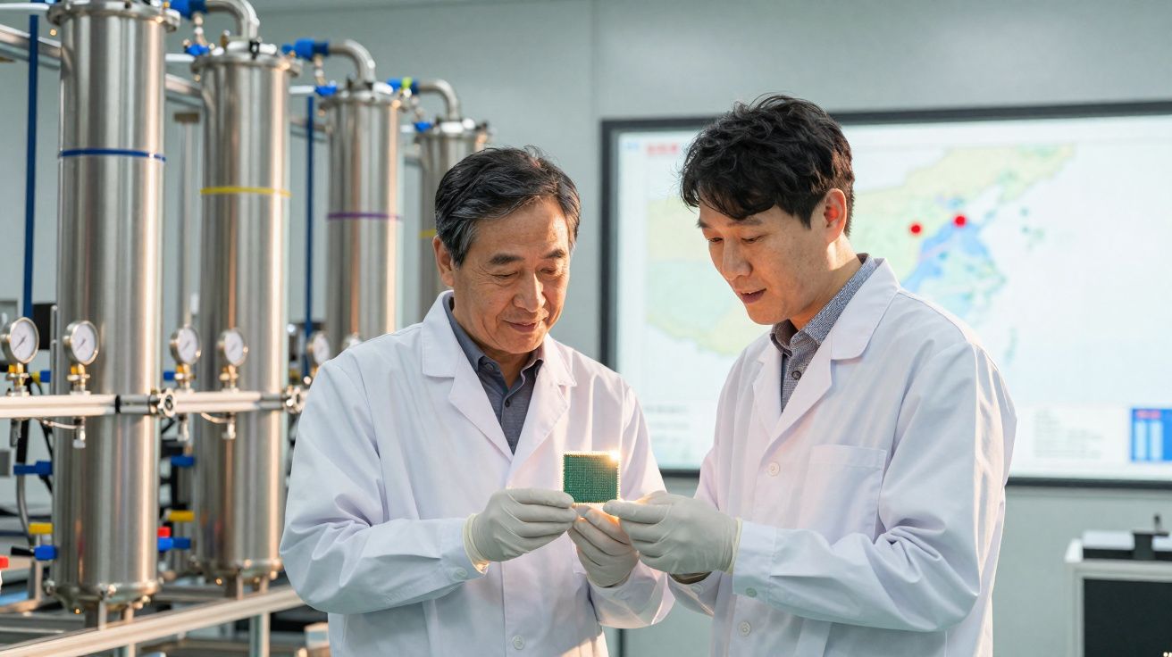 Dois cientistas em jaleco branco analisam chip eletrônico em laboratório com equipamentos ao fundo.