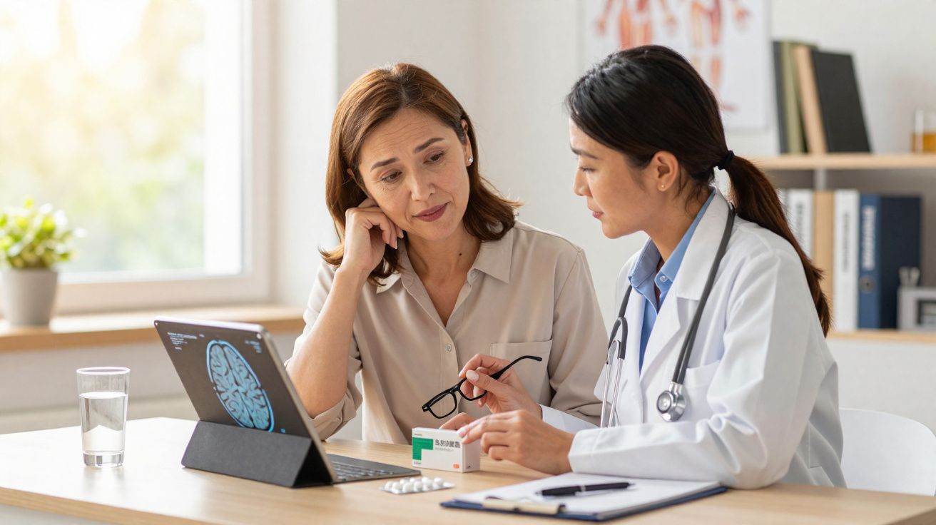 Médica explicando tratamento para paciente durante consulta com exame cerebral em tablet à mesa.