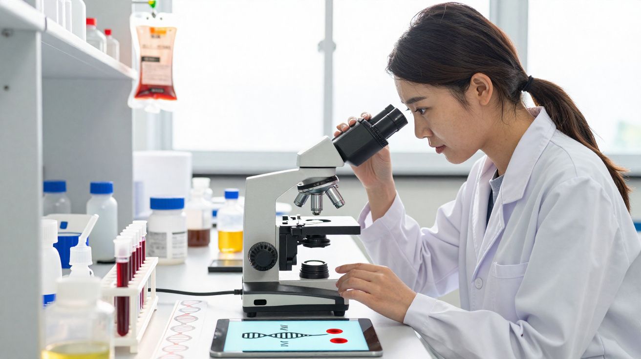Mulher cientista usando jaleco observa amostra em microscópio em laboratório com vários frascos e tablet.
