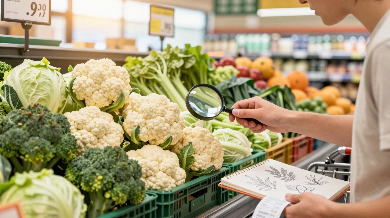 Pessoa observando couve-flor em supermercado com lupa e caderno de anotações na mão.