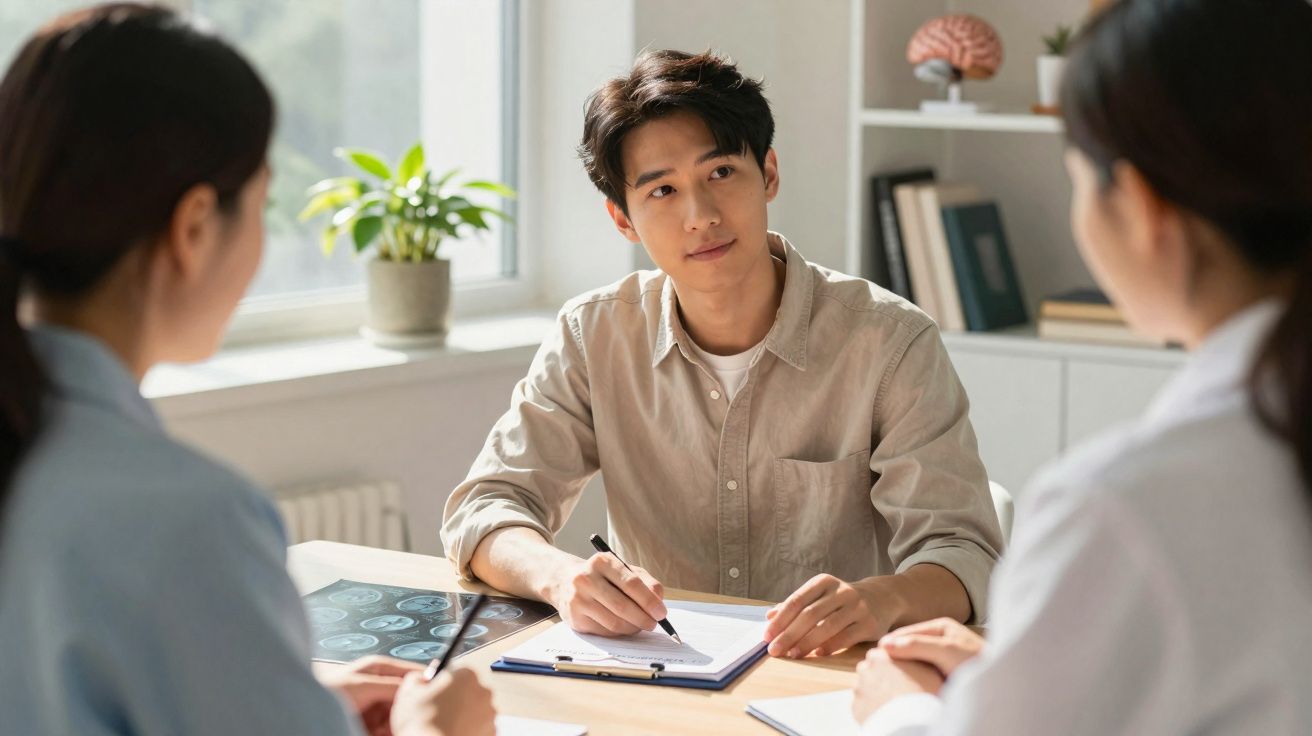 Homem jovem conversa com profissionais de saúde em consultório, sentado à mesa com papéis e caneta.