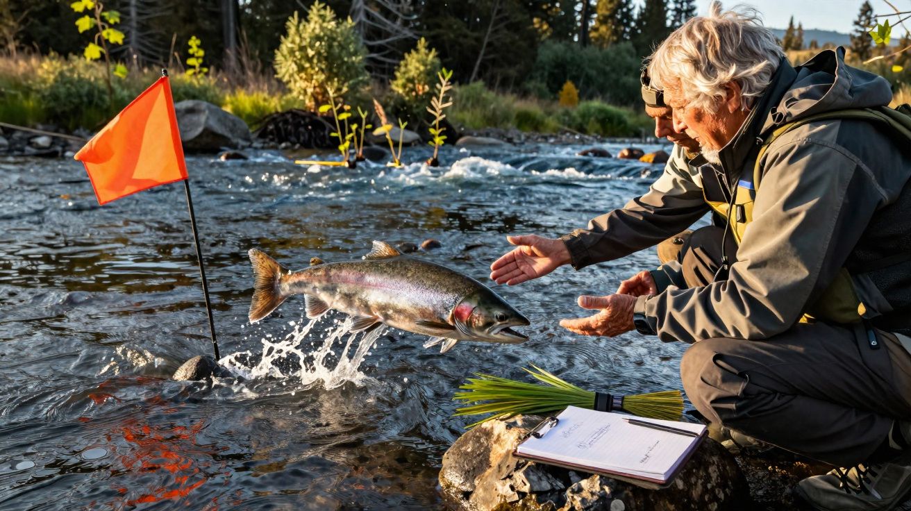 Dois homens observam um salmão saltando em um rio durante estudo científico com prancheta e bandeira laranja.