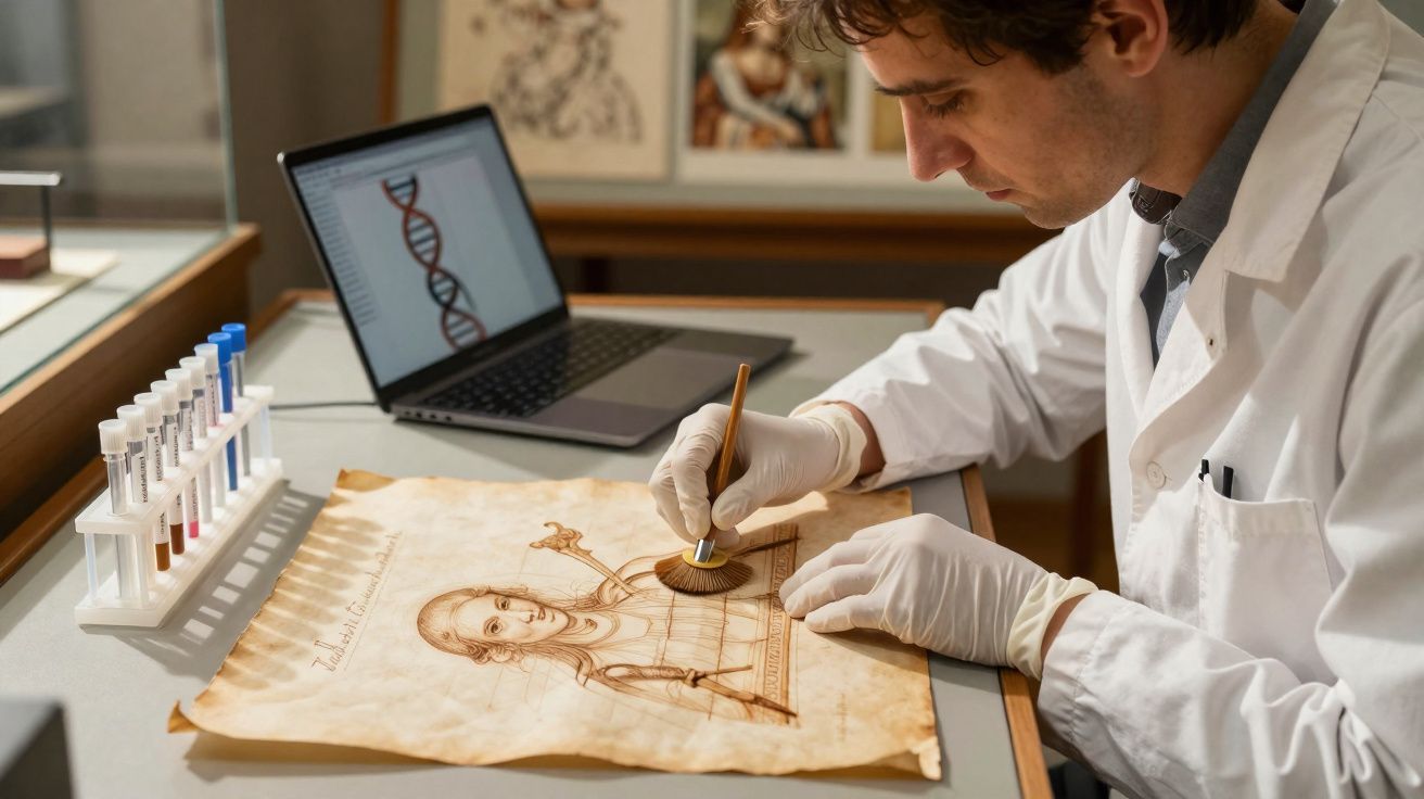 Restaurador com luvas trabalhando em desenho antigo em papel com tubos de ensaio e notebook ao fundo.