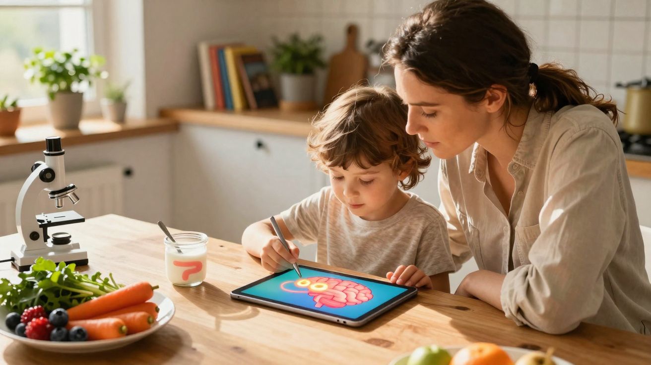 Mulher e criança em cozinha usando tablet para estudar imagem do cérebro humano.